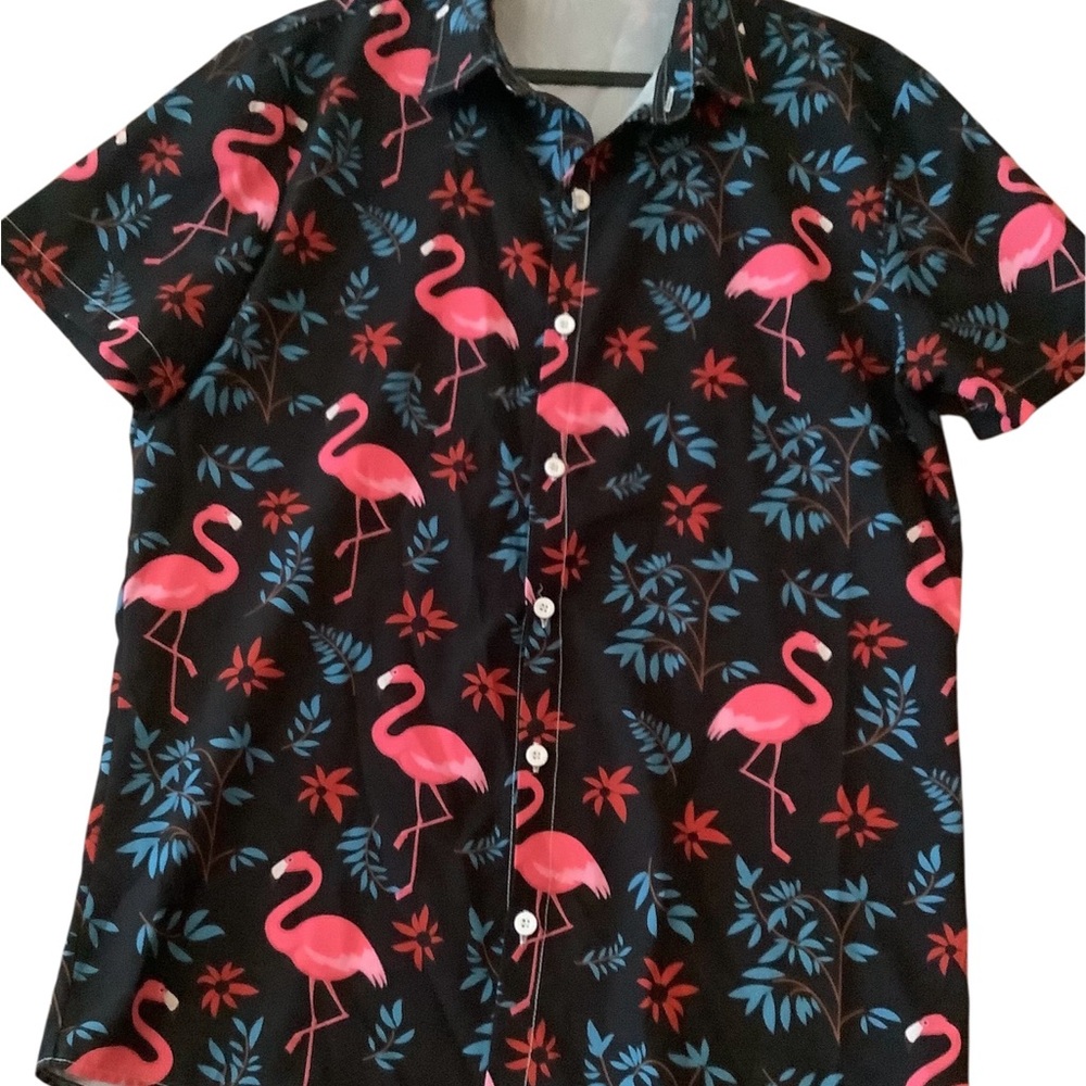 SHEIN Men’s Flamingo and Leaf Print Shirt - Black and Pink